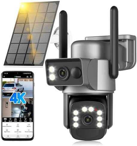 4K Solar Security Cameras Wireless Outdoor, 5GHz/2.4GHz WiFi 360° PTZ Camera Surveillance Exterieur for Home with Dual Lens, Siren, Human Auto Tracking, Color Night Vision, IP66