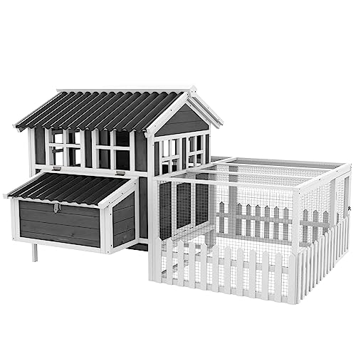 Image of PawHut Wooden Chicken Coop with Run for 1-2 Chickens, Hen House with Nesting Box, Removable Tray, Fence, Outdoor Poultry Cage, 68 inch x 59 inch x 42 inch, Gray
