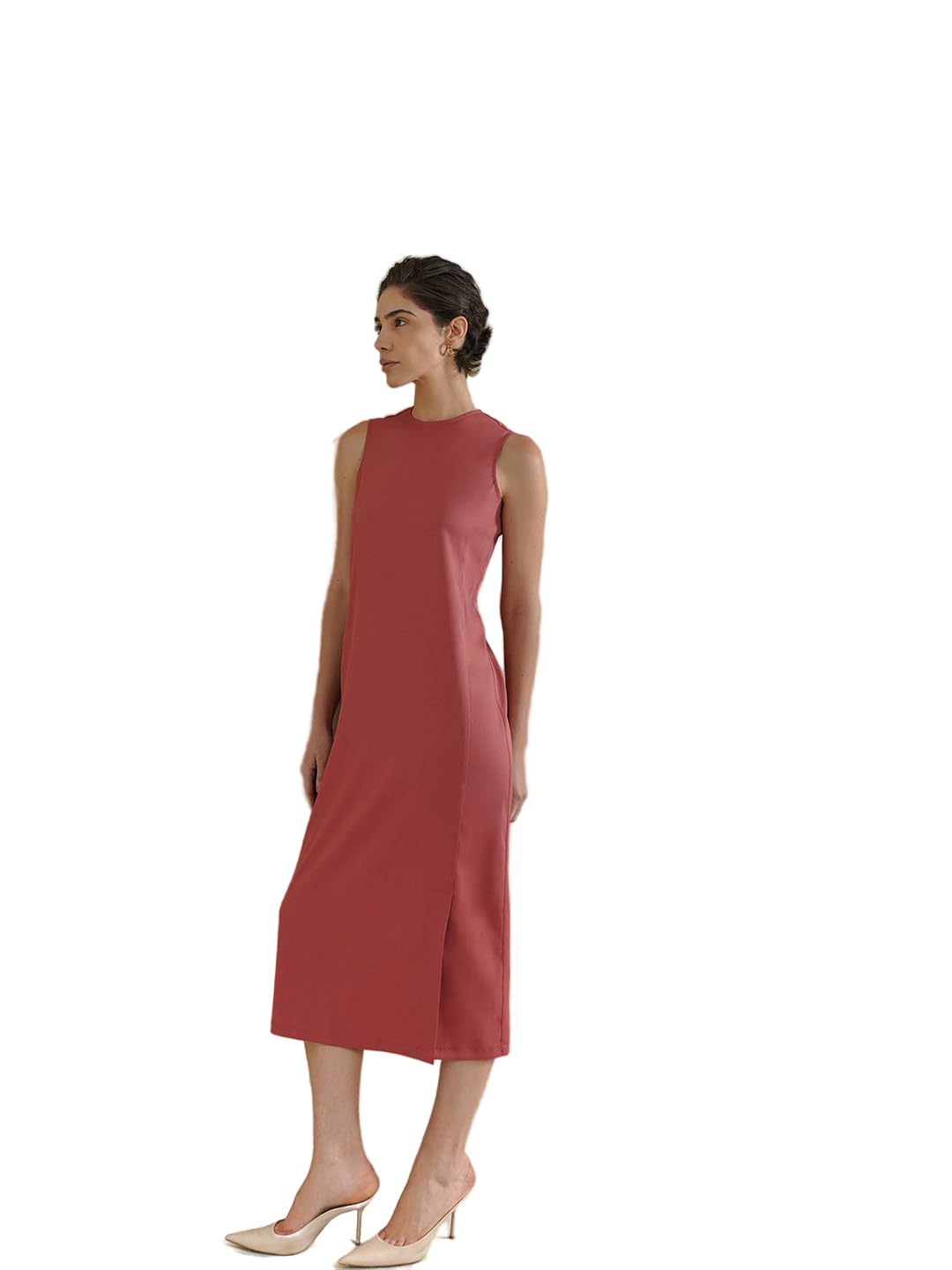 women formal dress | shift fit sleeveless round neck solid pattern | smooth stretchable fabric with side slit & pockets for workwear & office meetings