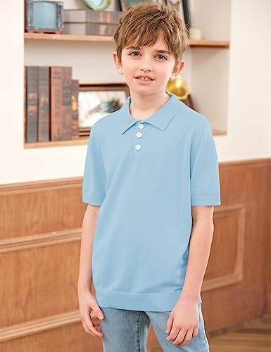 Boys Short Sleeve Polo Shirts Soft Stretch School Uniform Knitted Classic Fit Sweater Shirt Light Blue #TOP3