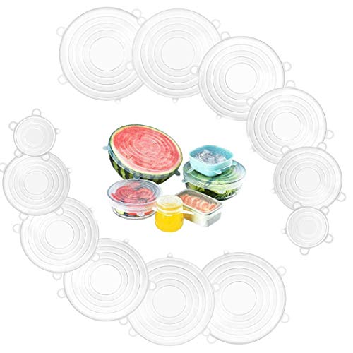 Hoshen Lot de 12 couvercles extensibles en silicone souple, couvercles réutilisables pour stockage des aliments, adaptés à différentes tailles de bols et de tasses Cover