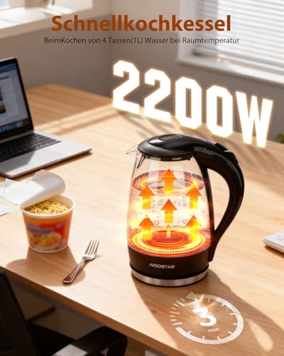 Aigostar Adam 30GOM – Borosilikatglas Wasserkocher mit LED-Beleuchtung, 2200 Watt, 1,7 Liter, Trockenlaufschutz, BPA frei, schwarz. EINWEGVERPACKUNG - 3