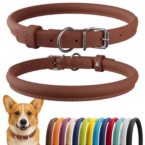 CollarDirect Rolled Leather Dog Collar, Soft Padded Round Puppy Collar, Handmade Genuine Leather Collar Dog Small Large Cat Collars 13 Colors (11-14 Inch, Cinnamon Smooth)