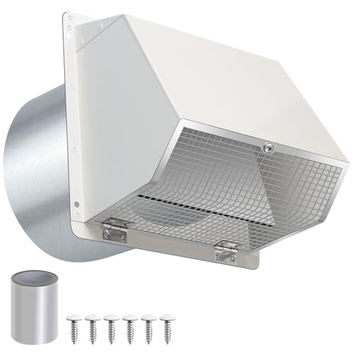 Image of 10 Inch Hooded Wall Vent with Screen and Damper, Outdoor Wall Exhaust Vent Cover Cap for Kitchen Range Hood Dryer Exterior Ventilation and Outside Air Exhaust, Galvanized Steel, White