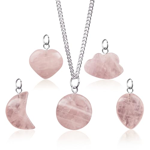 KARMAPLEDGE Crystal Necklace Birthday Gifts for Women, Chakra Healing, Protection, Balance, Rose Quartz Stones Heart, Moon, Sun, Cloud, Tear Drop Shaped Crystal Pendant Set of 5
