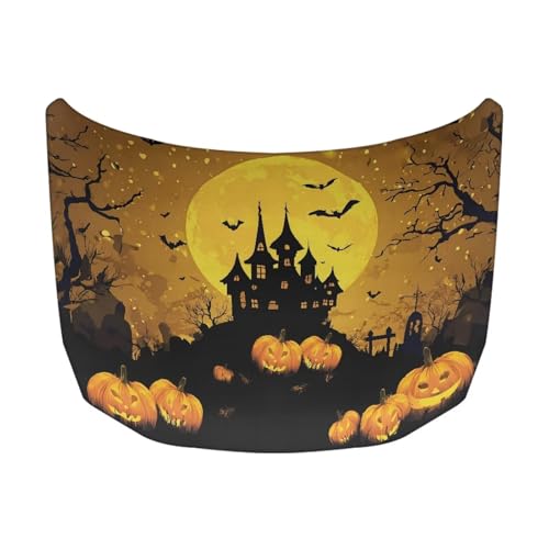 Image of Halloween Bat Castle Print Car Hood Cover Stretchable Auto Hood Wrap Blankets Waterproof Automotive Halloween Outdoor Decorations for Compact Sedans SUV Trucks Van