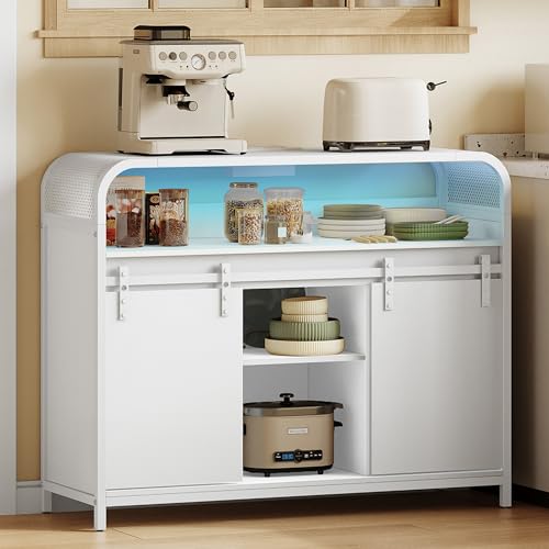 Hzuaneri Küchenschrank mit LED-Beleuchtung, Sideboard mit Steckdosenleiste, Aufbewahrungsschrank...