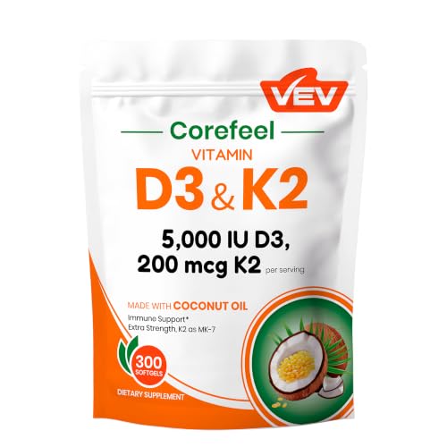 VEV Corefeel Vitamin D3 K2 5 000 IU 100 mcg MK-7 300 Coconut Oil Softgels
