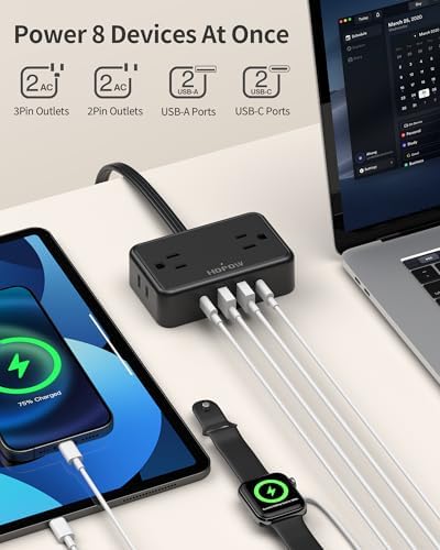 HOPOW Flat Plug Extension Cord, 4AC&2A2C, 3 FT Power Strip for Travel - 1