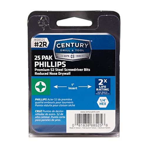 Century Drill & Tool 68525 Premium S2 Steel #2R Phillips Drywall Insert Screwdriving Bit Set, 25 Pack