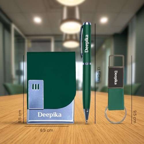Image of Giftana Personalized Card Holder with Pen, Metal Keychain with Name, 3 in 1 Customized Pen, Card Holder Keychain Gift Set, Personalised Gifts for Husband, Corporate Gifts for Employee (Green)
