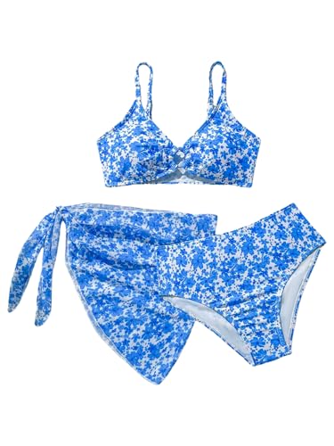SOLY HUX Girl's Swimsuit Set Cute Floral Print High Waisted Bikinis Bathing Suit with Cover Up Skirts