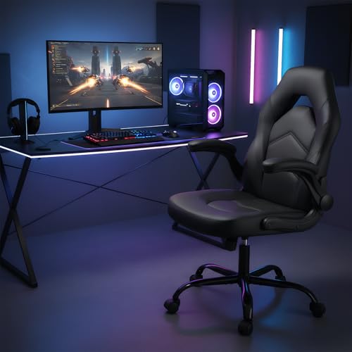Image of Sweetcrispy Computer Gaming Desk Chair - Big Tall Ergonomic Lumbar Support with Flip-up Armrest and 360 Swivel Wheels, PU Leather Height Adjustable, for Home and Office, Black