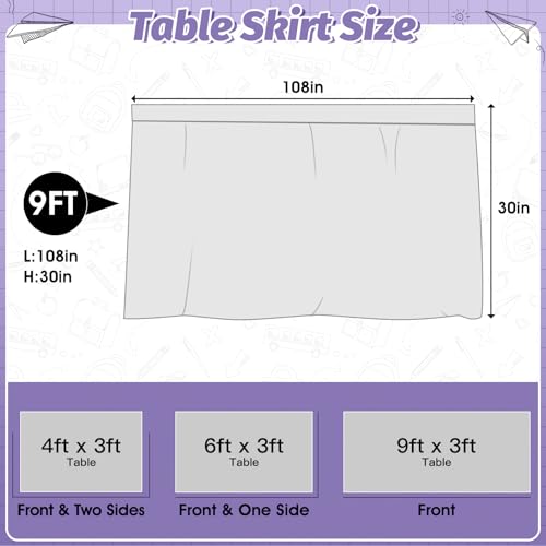 Image of 9FT Purple and White Composition Table Skirt Teacher Desk Skirt for Composition Notebook Classroom Decor Rectangle Table Cover for Back to School Party Supplies Kindergarten Office Bookcase Cabinet