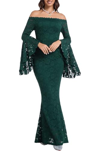 Image of HOYISHION Women's Off The Shoulder Floral Lace Maxi Dress White Bridesmaid Wedding Party Maternity Photoshoot Long Dresses