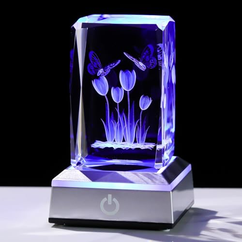 Image of Ornalrist Tulip Gifts for Women: Crystal Engraved Tulip with Light Base for Mom, Lady, Girl, Friend, Home Office Decor