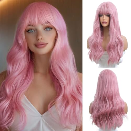 OUFEI 24 Inches Long Wavy Pink Wig for Women Natural Synthetic Hair Heat Resistant Wigs for Daily Party Cosplay Wear