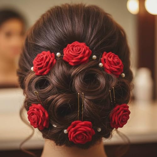 Image of Alvero Premium Red Rose Hair Pins for Women, Velvet Floral Realistic Juda Pins U-Pins for Bridal Hair Accessories (Pack of 6)