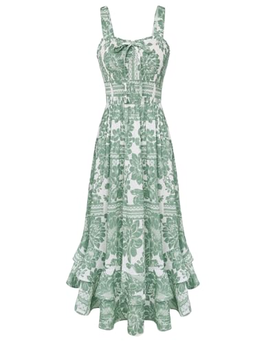 GRACE KARIN Women Summer Strappy Floral Maxi Dress Square Neck Dual Layer Hem Smocked Dress M Green White Floral
