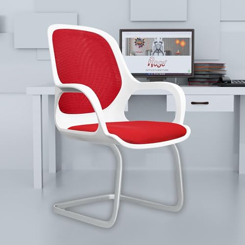 Image of ROSE Zaria | 3 Years Brand Warranty | Ergonomic mesh mid-Back Office Chair, Perfect for Study, Work from Home, revolving, Rolling Computer Desk Chair (White & Red, Visitor)