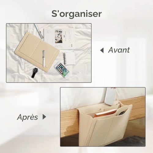BOOWEN Poche de Lit Feutre Organisateur De Chevet Canapé Accoudoirs Organiseur de Rangement pour Lunnettes,Téléphone, Télécommande, Tablette, Livre (gris) – vue 2