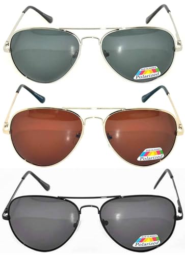 Set of 3 Classic Aviator Polarized Lens Sunglasses Colored Metal Frame Spring Hinge (3 Pairs Mix colors, Colored)2