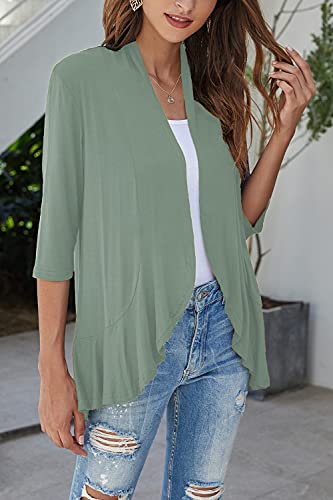 Image of Bluetime Women Casual Lightweight Open Front Cardigans Soft Draped Ruffles 3 /4 Sleeve Cardigan (S-3XL)