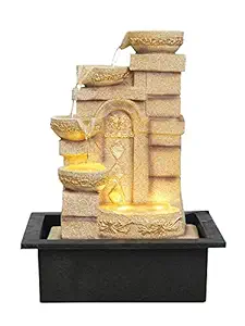 CRAFT SMITH Cream Polyresin Designer Table Top 4 Tier Waterfall Fountain Indoor Home Decor with Yellow LED Light and Water Flow Control Pump (Size: 40 x 29.5 x 22 CM | Weight: 2185 Gram)