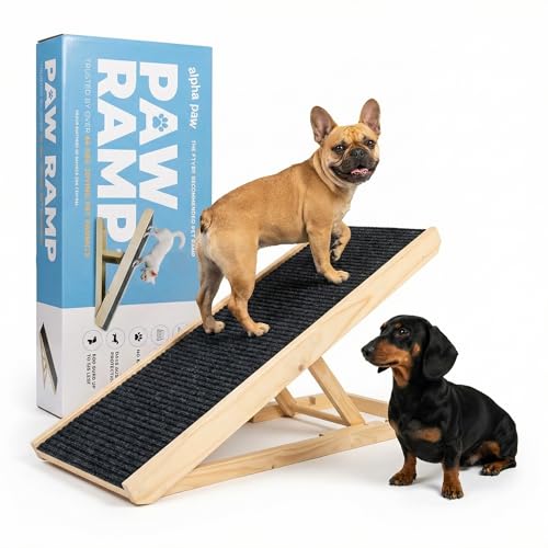 AlphaPaw - Original Natural Wood PawRamp for Small & Large Dogs - No Assembly Required - Adjustable Height Pet Ramp for Bed, Couch, Stairs (Dark Brown)