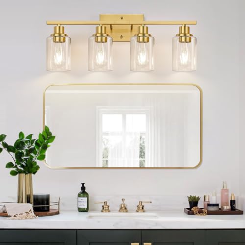 Image of Indoi 4-Light Bathroom Light Fixtures, Brushed Gold Modern Vanity Lights with Clear Glass Shades, Bathroom Wall Lamp for Mirror Living Room Cabinet Bedroom Porch