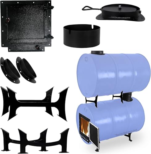 Double Barrel Stove Kit for 30 to 55 Gal Drum Wood Stove, Heavy Duty Steel Barrel Camp Stove Kit with Stove Door for DIY Oil Barrel Heating in Workshop, Cabin & Garage