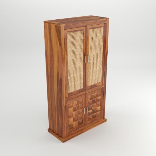Image of Solid Sheesham Wood Almirah with Cane Doors & Geometric Carved Panels | 4 Door Wooden Wardrobe for Bedroom