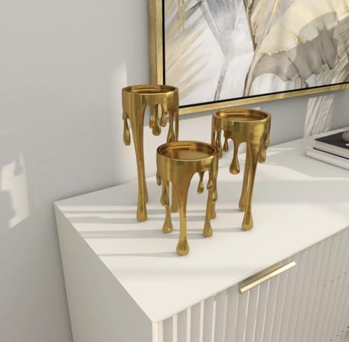 Image of ZOVE Luxurious Gold Drip Design Aluminium Metal Candle Holder Set (Set of 3) - Modern Decorative Stand for Pillar Candles | Home, Living Room & Table Decor