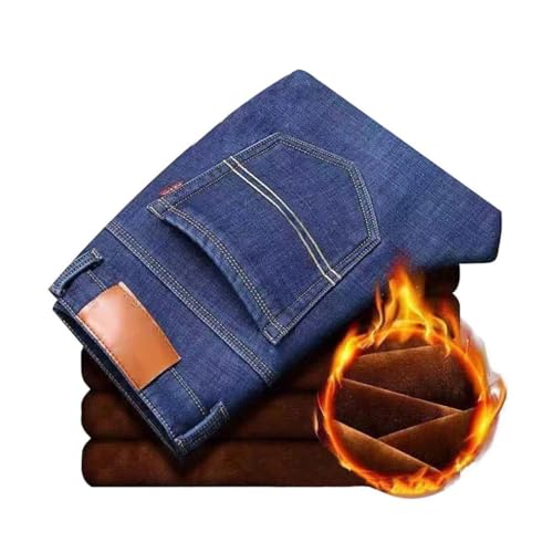Mens Winter Stretch Jeans Fleece Lined Twill Thicken Denim Pants Regular Fit Buckle Fly Casual Business Jeans2