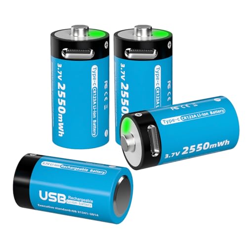 Pilas Recargables CR123A Paquete de 4 con Cable USB Tipo C Batería Litio 3,7V 2550mWh para Cámaras (VMC3030/VMK3200/VMS3330/3430/3530), Linternas y Micrófonos