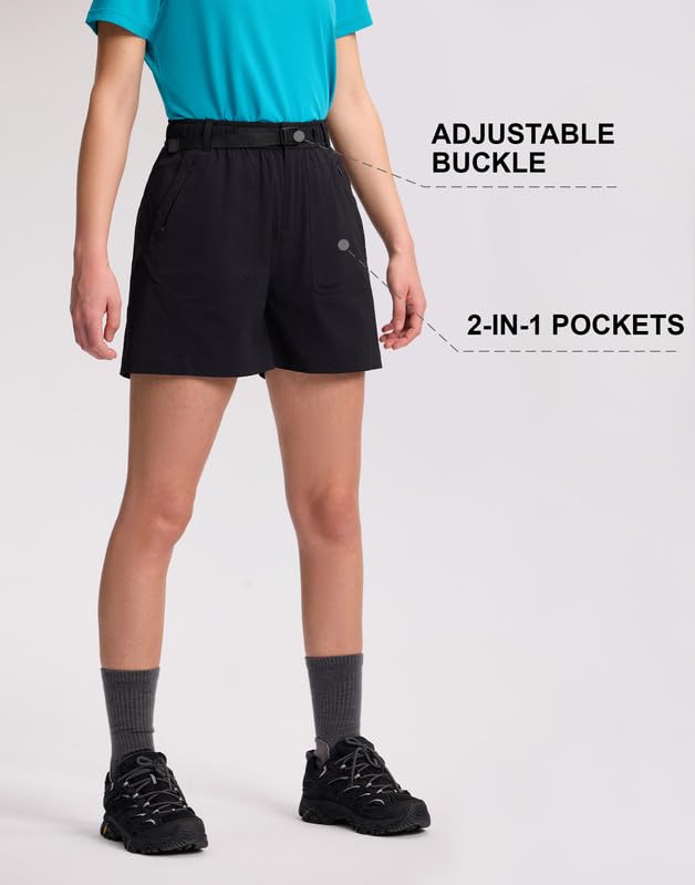 Pioneer Camp Kurze Wanderhose Damen, Leichte Outdoor Bermudas mit 4-Wege-Stretch, Antistatisch & Atmungsaktiv, Damen Trekkinghose Kurz mit YKK-Reißverschluss, für Wandern, Camping, Arbeit(Black;S)