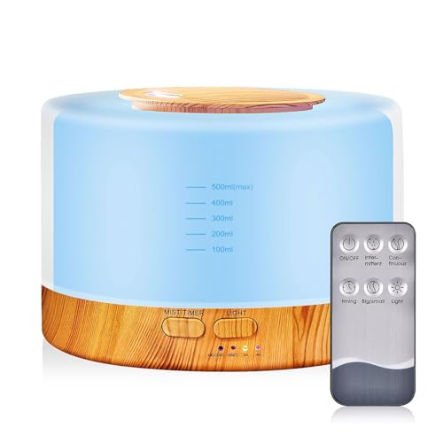 Difusor de aceite esencial, humidificador de niebla fría, difusor de aceite esencial con control remoto de 700 ml con cambio de luz de 7 colores, apagado automático sin agua, difusor de aromaterapia