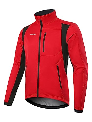 BERGRISAR Fahrradjacke Herren Winter Fleece Winddicht Wasserdicht Atmungsaktiv Radjacke mit 6 Taschen Rot XX-Large