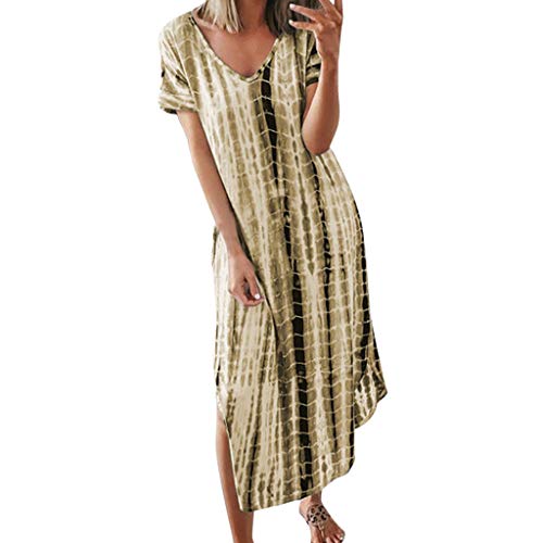 Plus Size V-Neck Tie dye Print Split Dresses for Women Fashion Casual Short Sleeve Maxi Dress Gold