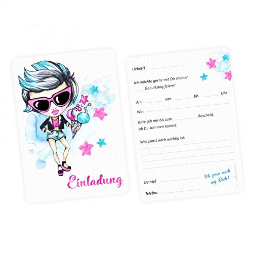 Lot de 5 cartes d'invitation pour fille avec étoiles roses et turquoises + 5 enveloppes transparentes Cover