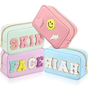 Sanwuta 4 Pcs Chenille Bag Preppy Patch Makeup Bag Cosmetic Bag Chenille Letters Toiletry Bag PU Leather Waterproof Portable Pouch Travel Organizer (Blue, Pink, Green, Purple, Fresh Style)