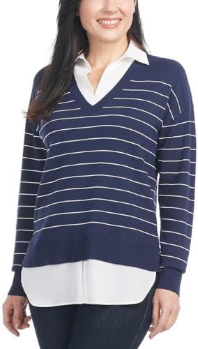Image of Hilary Radley Women's V-Neck Pullover 2-Fer Sweater (US, Alpha, Medium, Regular, Regular, Blue)