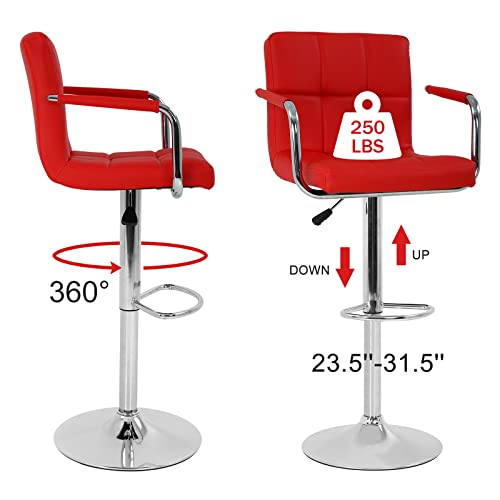 Bar Stools Set Of 2 Black Bar Chairs With Arms, 360 Degree Swivel Counter Height Stools Adjustable Bar Stool With Back And Pu Leather Bar Chair Modern Island Chairs For Kitchen Dining Room Pub (Red) #TOP6