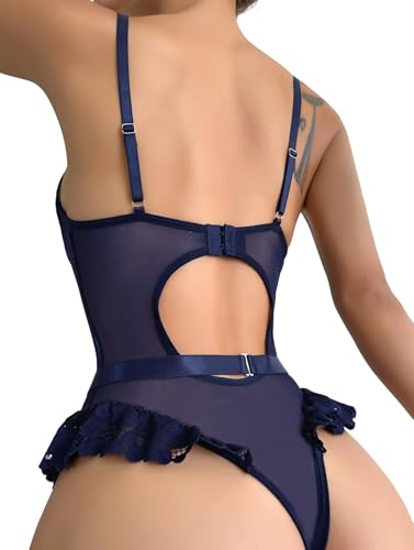 Image of Lilosy Sexy Stocking Lace Mesh Bodysuit Top Underwire Garter Lingerie Set 3 Piece