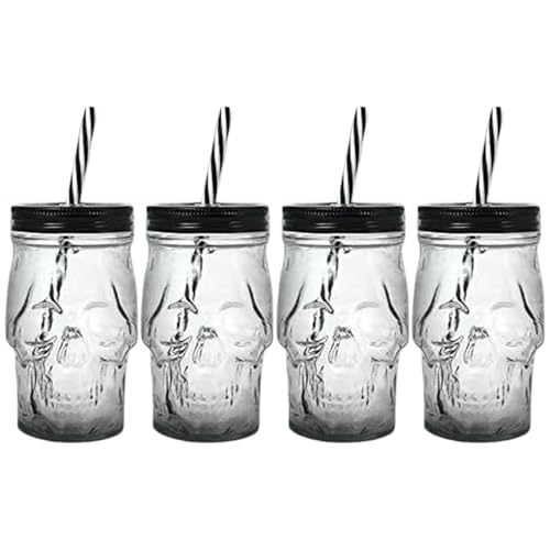 Lot de 4 tasses en forme de tête mort, verres transparents 17 oz pour Halloween, tasses en pot Mason réutilisables avec couvercles et pailles pour café,...