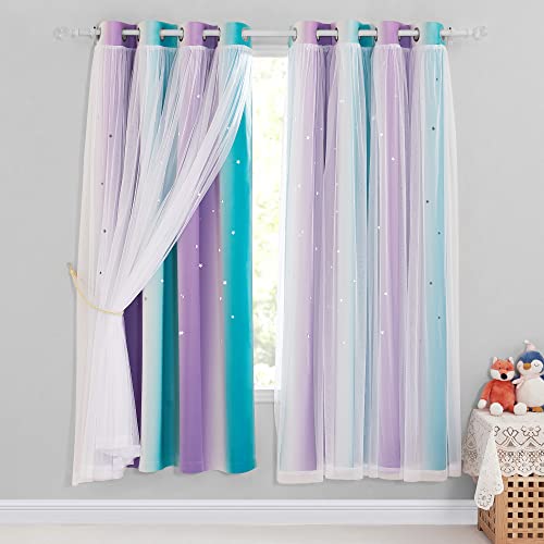 NICETOWN Kids Blackout Curtains for Girls, Star Cutout Teal & Purple Double Layer Curtains for Bedroom Grommet Mix & Match Baby Window Decor Drapes fo