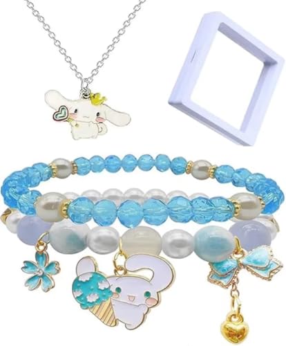AOMZKOL Kawaii Bracelets Crystal Beads Bracelet Set, Cartoon Elastic Beaded Pearl Cute Bracelets with Necklace for Girls Women Bff Friendship Gift Kawaii Accessories (Blue)