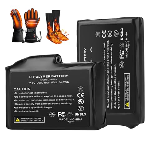 Whsahans 7.4V Battery Pack for Heated Gloves Socks USB Charging Cable Rechargable Lithium Polymer Batteries for Heated Gloves Socks Hats Mittens Heating Pad (2000mah 2)