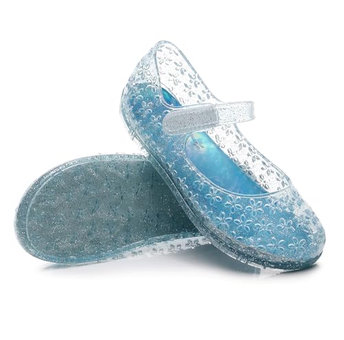 Image of Princess Dress Sandals Jelly Shoes for Toddler Girls Size 8, Blue Bird Nest Layered Lines Mary Jane Flats Childrens Clear Glitter with Hollow-Carved