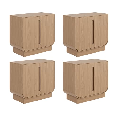 Image of Nathan James Joey Mid Century Modern Buffet Sideboard Storage Cabinet, Arched Accent Cabinet with Rounded Bottom Edges and Integrated Door Pull Cutouts, Raw Oak, Set of 4